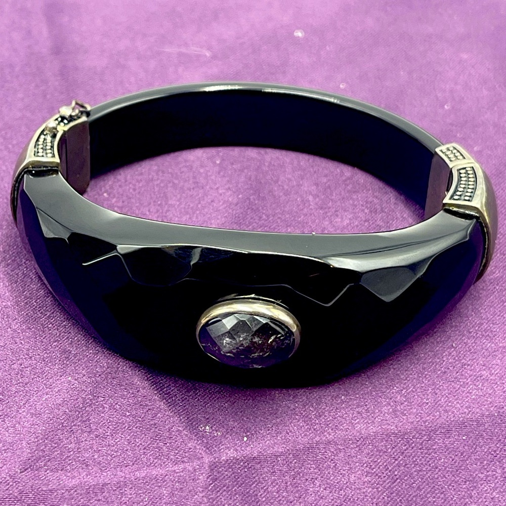 Black Faceted Solid Onyx Hinged Bangle Bracelet W… - image 3